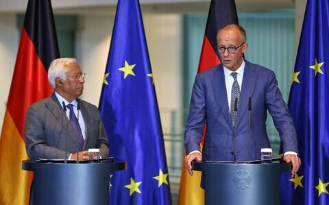Euroopa Ülemkogu alaline eesistuja Antonio Costa ja Saksa kantsler Friedrich Merz ühisel pressikonverentsil Berliinis.