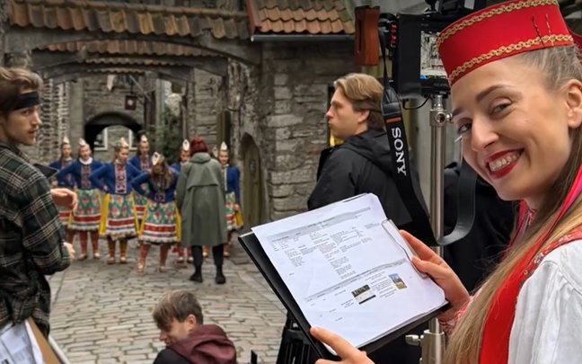 Dancers from the Estonian folk dance troupe Soveldaja filming their "Born from Culture" video to Atlanta rapper Future's "Mask Off." 2026.