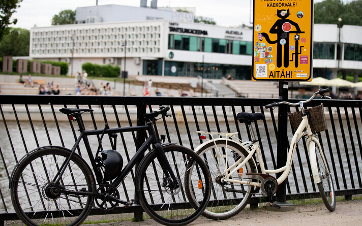 Bikes locked up along Tartu's riverfront promenade.