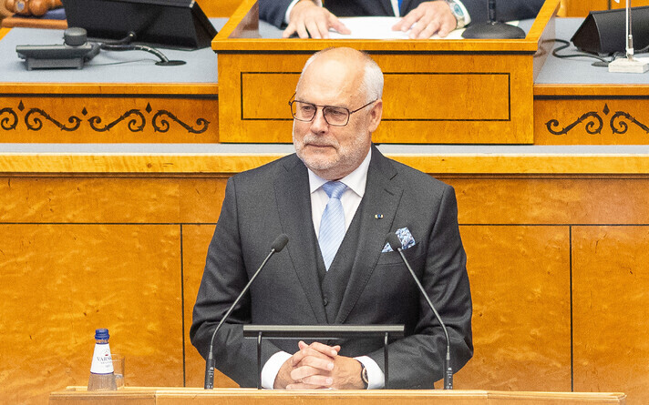 President Alar Karis addressing the Riigikogu at the opening of its 2026 fall session. September 14, 2026.