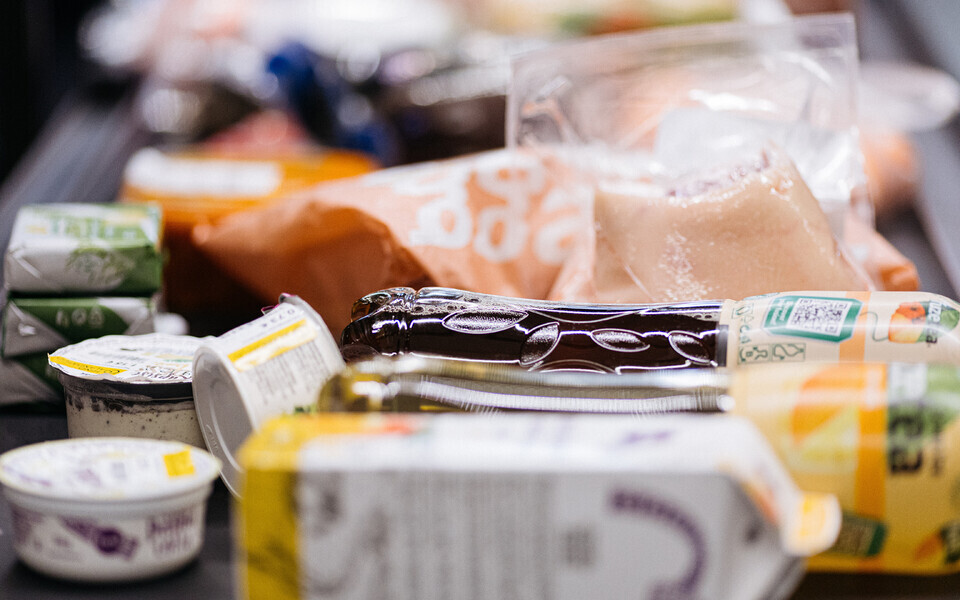 Food at a supermarket checkout.