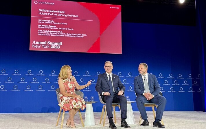 Margus Tsahkna appearing at the Concordia Summit together with former president of Poland Andrzej Duda and former US under secretary of state for democracy and global affairs  Paula Dobriansky.