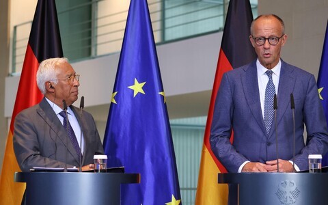 Sas&acute;ksa kantsler Friedrich Merz ( paremal) ja EL-i eelarvek&otilde;nelusi juhtima hakkav Euroopa &Uuml;lemkogu eesistuja Antonio Costa.