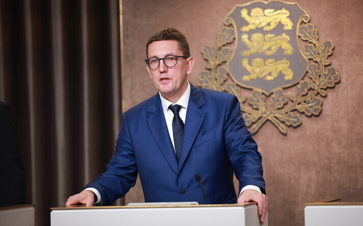 Prime Minister Kristen Michal at a government press conference.