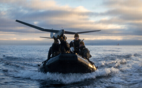 Marines and sailors assigned to the 2nd Reconnaissance Battalion, 2nd Marine Division, prepare to launch an RQ-20 Puma unmanned aerial system from a combat rubber reconnaissance craft during Operation Baltic Sentry in southern Finland, February 2025.