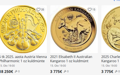Gold coins being auctioned off by the Estonian Tax and Customs Board (MTA).