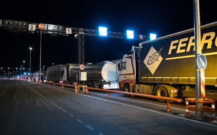 Commercial trucks lined up at the Port of Tallinn.